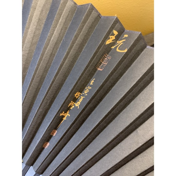 Vintage Chinese Folding Hand Fan Black Gold Kyosensu With Velvet Case - Picture 5 of 12